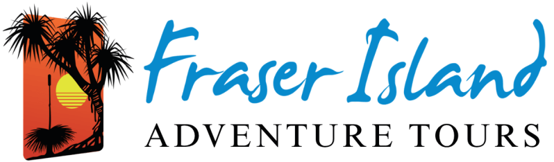 Logo: Fraser Island Adventure Tours with sunset and palm trees.