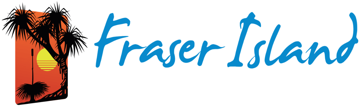 Fraser Island logo with a sunset and palm tree silhouette.