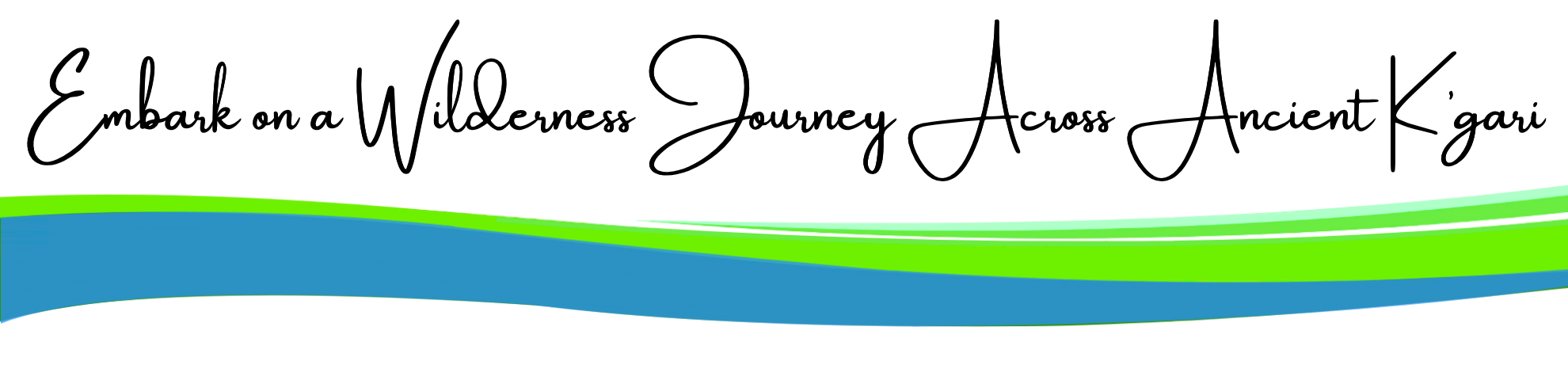 Stylized text with green and blue waves below on a white background.