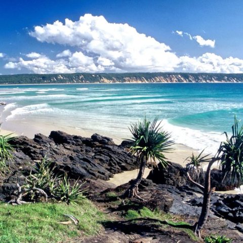 Tropical beach with palm trees, rocks, and blue ocean under a cloudy sky.