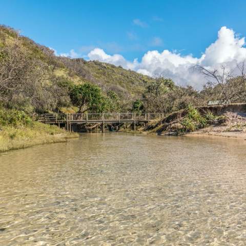 Wooden bridge over a clear stream, surrounded by grassy hills and trees.